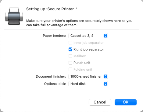 Secure printer options screen