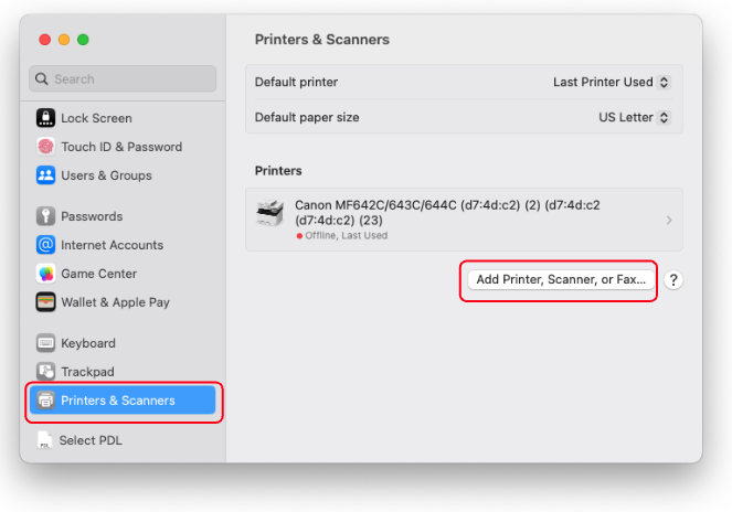 Printer and Scanners screen in System Settings, Add New Printer button