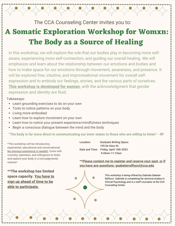In this workshop, we will engage in conversations, dynamics, and exercises to explore the role that our bodies play in becoming more self-aware, experiencing more self-connection, and guiding our overall healing.
