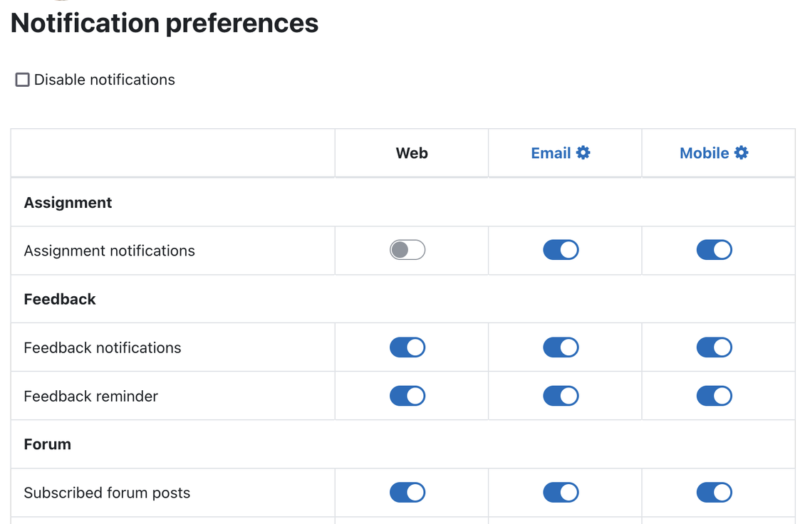 Moodle notification preferences