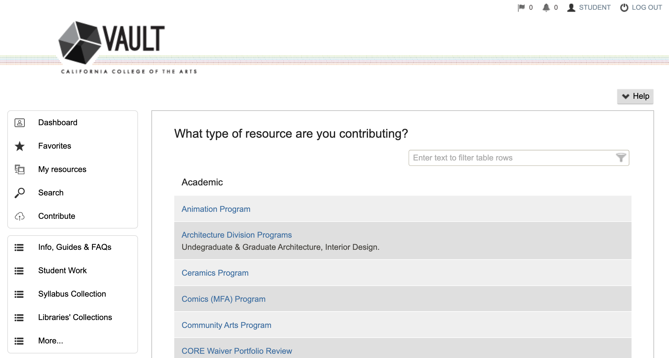 List of collections on the Contribute page