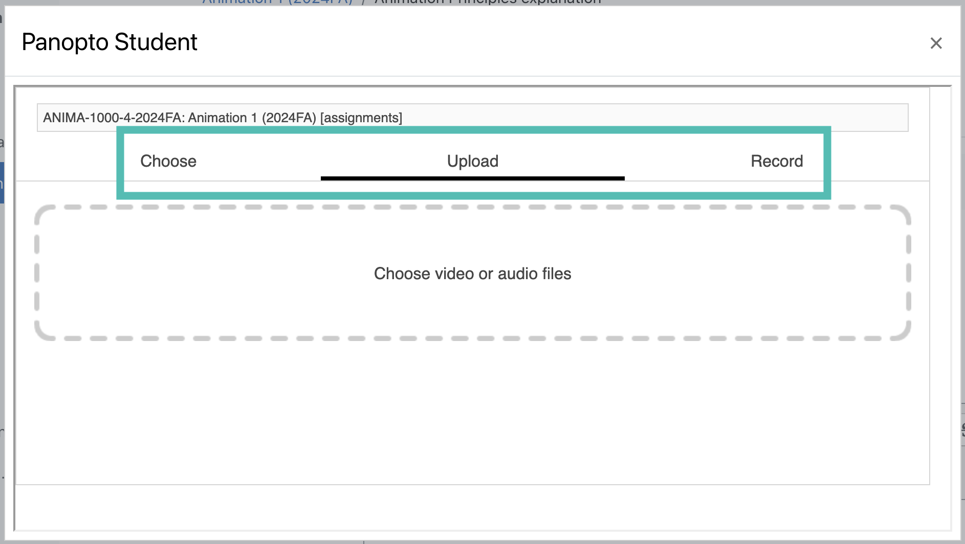 screenshot of Panopto Student menu with options to "choose," "upload," or "record" highlighted by a teal outline