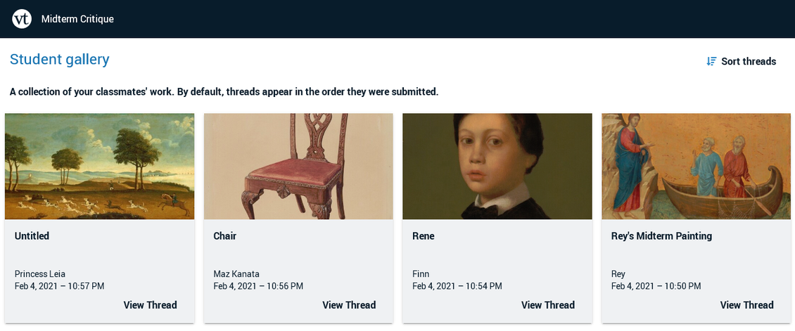 example of a VoiceThread assignment's Student Gallery feature