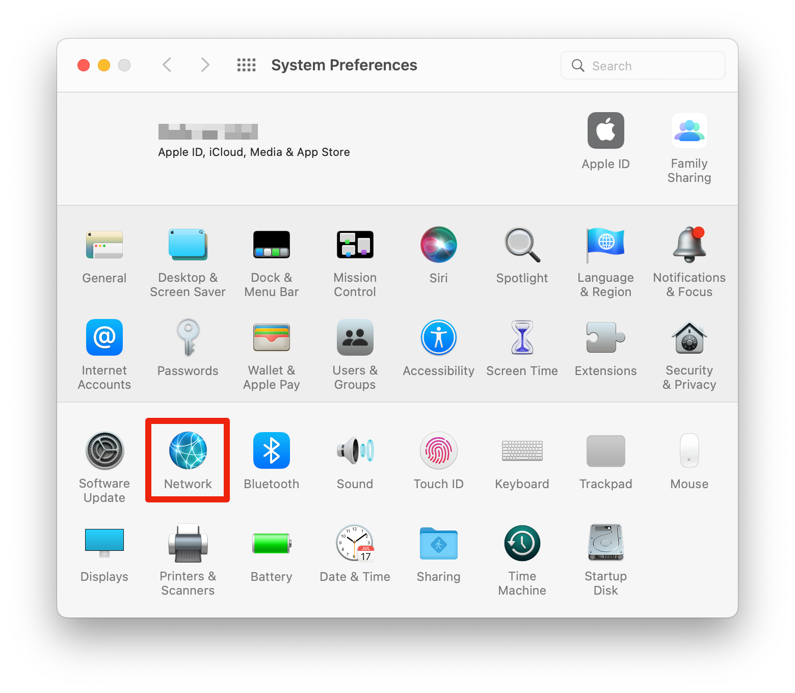 Screenshot of SystemPreferences.app with "Network" menu button highlighted.