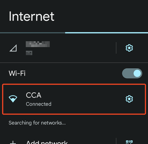 Android Settings, Internet page with CCA Wi-Fi entry highlighted