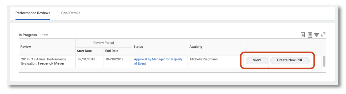 View and Create New PDF buttons for Performance Self-Evaluation Form