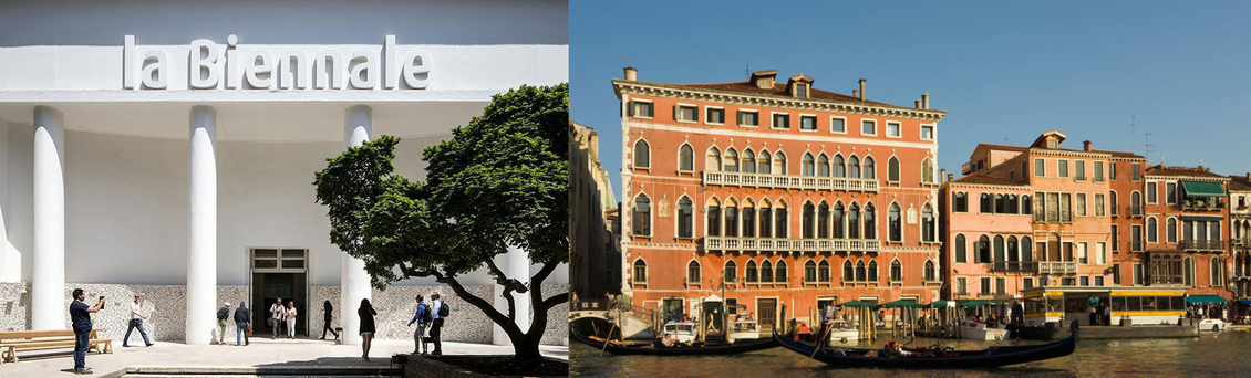 Two photos of Venice made into one image side by side together: cityscape and Biennale entrance.