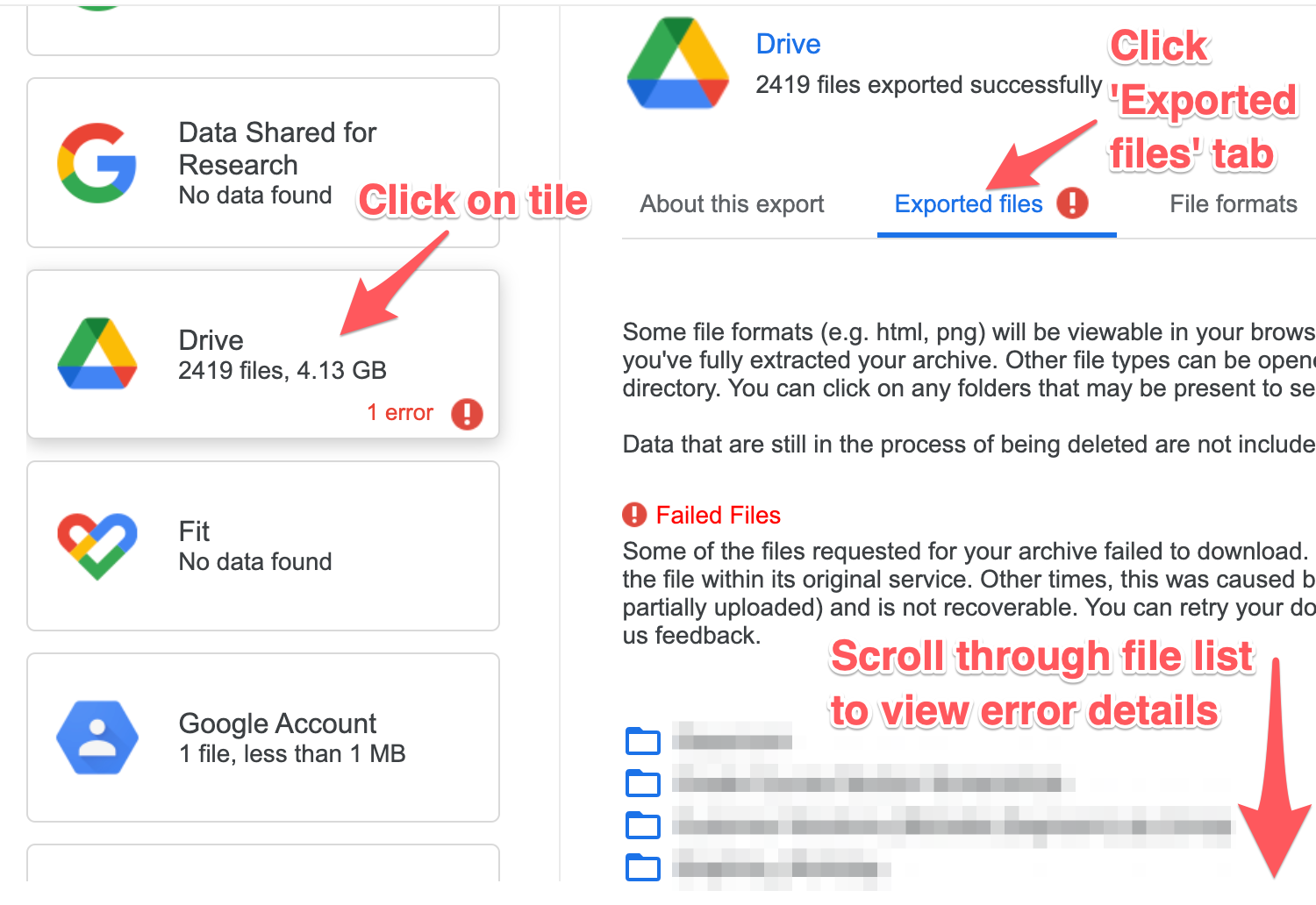 View exported file download errors by Google tool or service