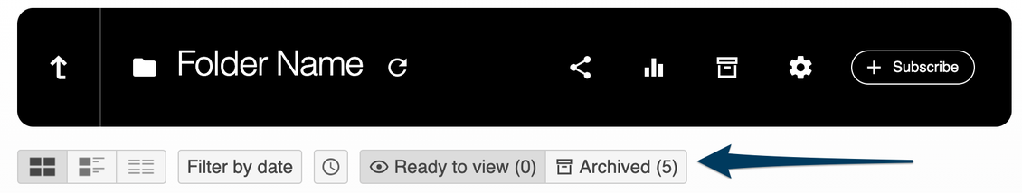 Panopto folder browsing controls including the "archived" versus "ready to view" buttons on the right.