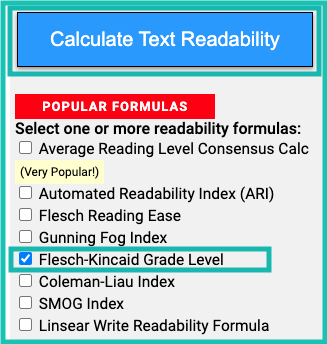 List of the Readability Formula choices, with Flesch-Kincaid Grade level highlighted
