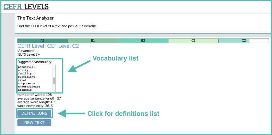 Image of CEFR levels results screen, highlighting the generated words list and where to click to generate definitions