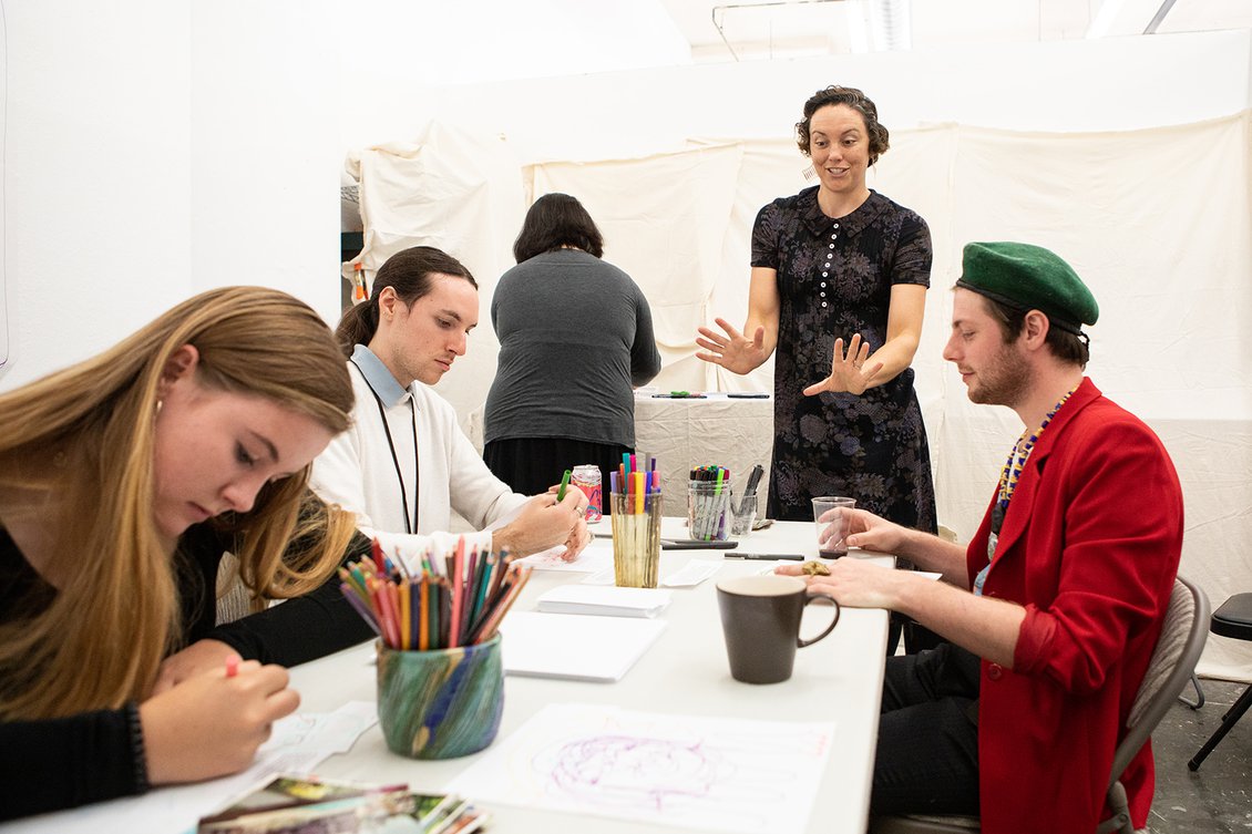 Amanda Larson (MFA 2019) leads a workshop in her studio at Open Studios, fall 2018. Photo by Nicholas Lea Bruno.