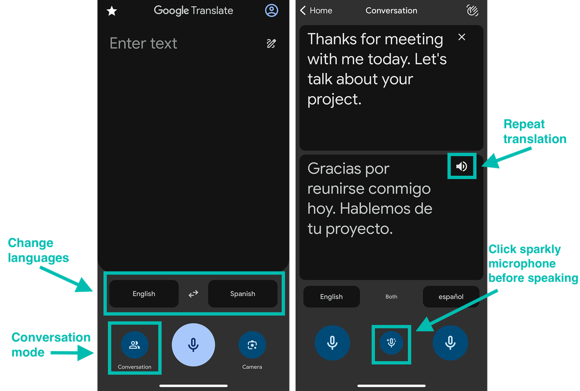 Two annotated screenshot of Google Translate showing conversation mode, language change options, translate playback, and microphone icon to begin auto translate