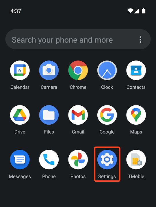 Android app drawer with "Settings" app highlighted