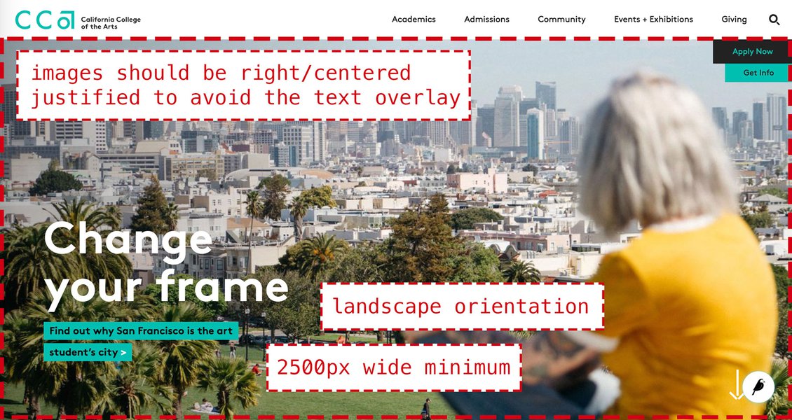 Screenshot of EDU page with hero image and its dimensions
