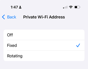 iPhone Wi-Fi network settings showing the Private Wi-Fi address setting set to "Fixed"