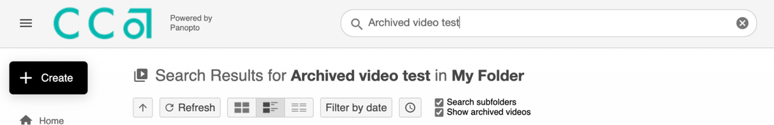 Searching for archived videos in Panopto with the "Show archived videos" checkbox