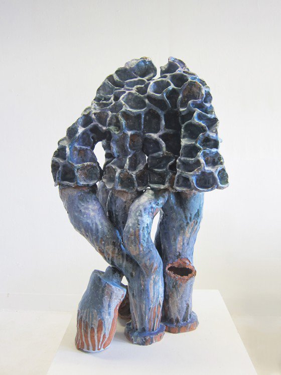 Nicki Green, Morel Figure with Prosthesis, 2017. Glazed earthenware and felt. 37" x 22" x 21"