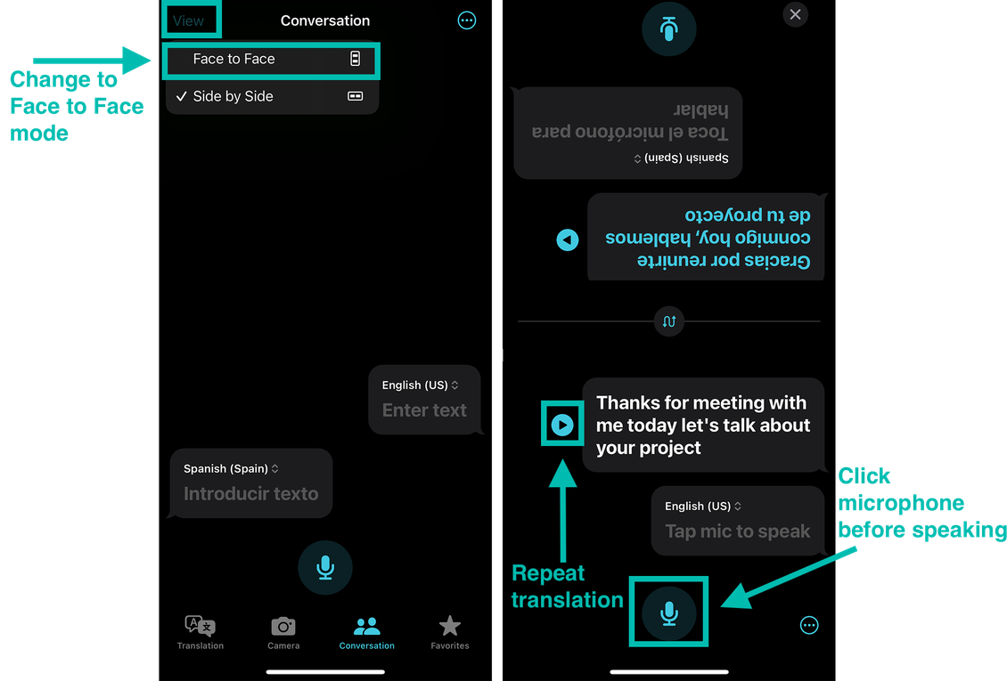 Two screenshots of iPhone Translate app showing how to change to face to face mode, click microphone to begin speaking, and press play button to repeat translation