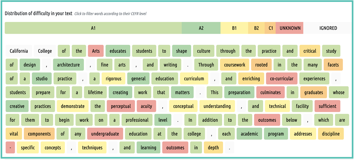 Image of Lexical Complexity tool results, showing color coded words highlighted difficulty and language proficiency level needed