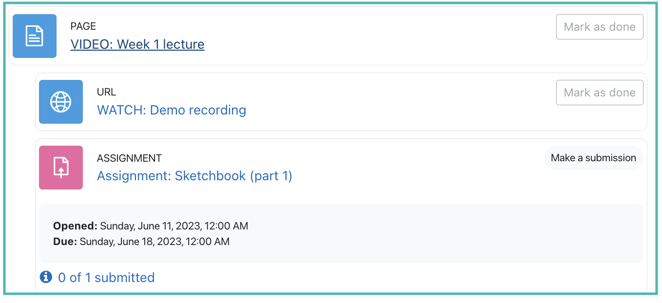 The image shows the effect of indented or outdented items in Moodle, creating the effect of a visual hierarchy.