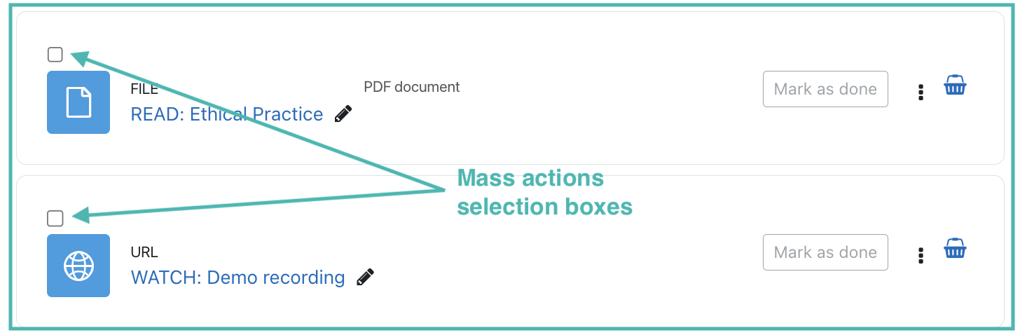 The image shows the checkboxes appearing to the left of the activities or resources in the course.