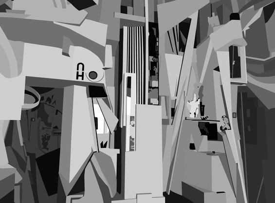 A black and white graphic illustration of Kurt Schwitters' Merzbau, a room-sized, sculptural installation exhibited in 1933