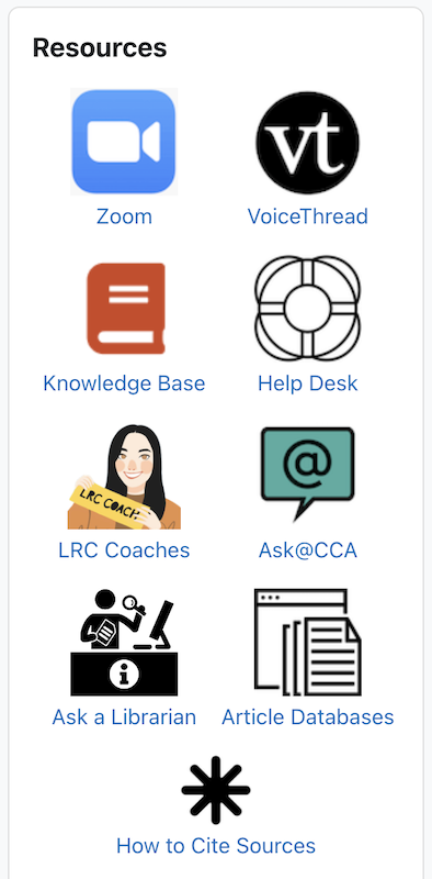 Moodle's resources block with icons and links for various CCA services, like Zoom and the Knowledge Base.