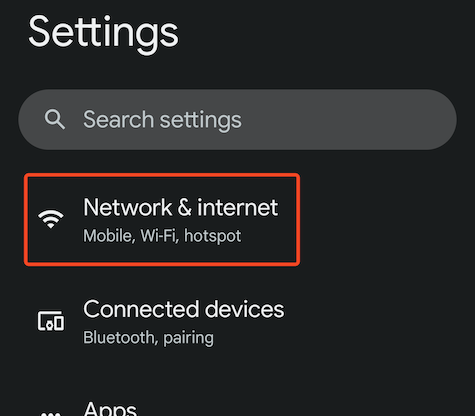 Android Settings, "Network & Internet" entry highlighted