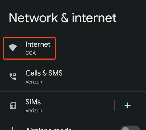 Android Settings, Network & Internet page with "Internet" entry highlighted