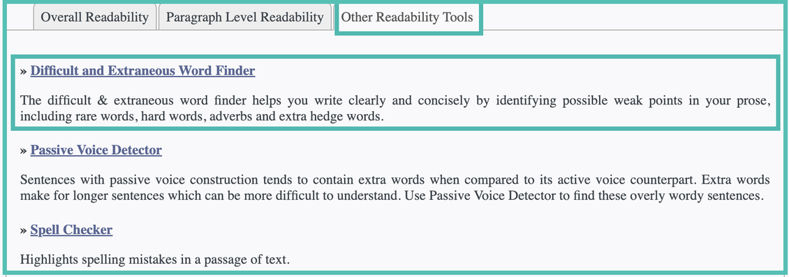 Image of where to find the Difficult and Extraneous Word Finder under the Other Readability Tools tab
