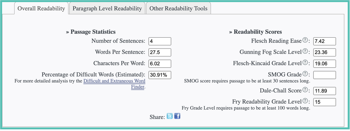 Image of Readability Analyzer's results page, showing word statistics and scoring based on different formulas