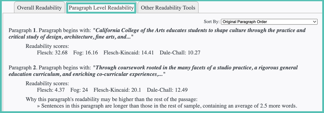Image of Readability Analyzer's paragraph level readability page