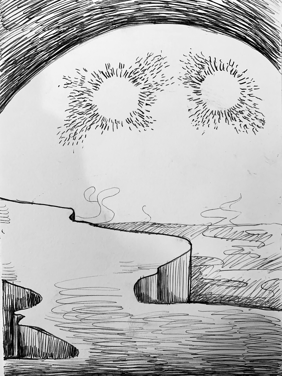 a sketch of what appears to be the view from inside a cave near water, with two bright suns in the sky
