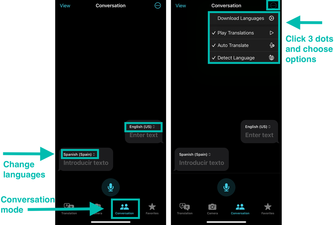 Two screenshots of iPhone Translate app showing where to switch to conversation mode, change languages, and adjust settings