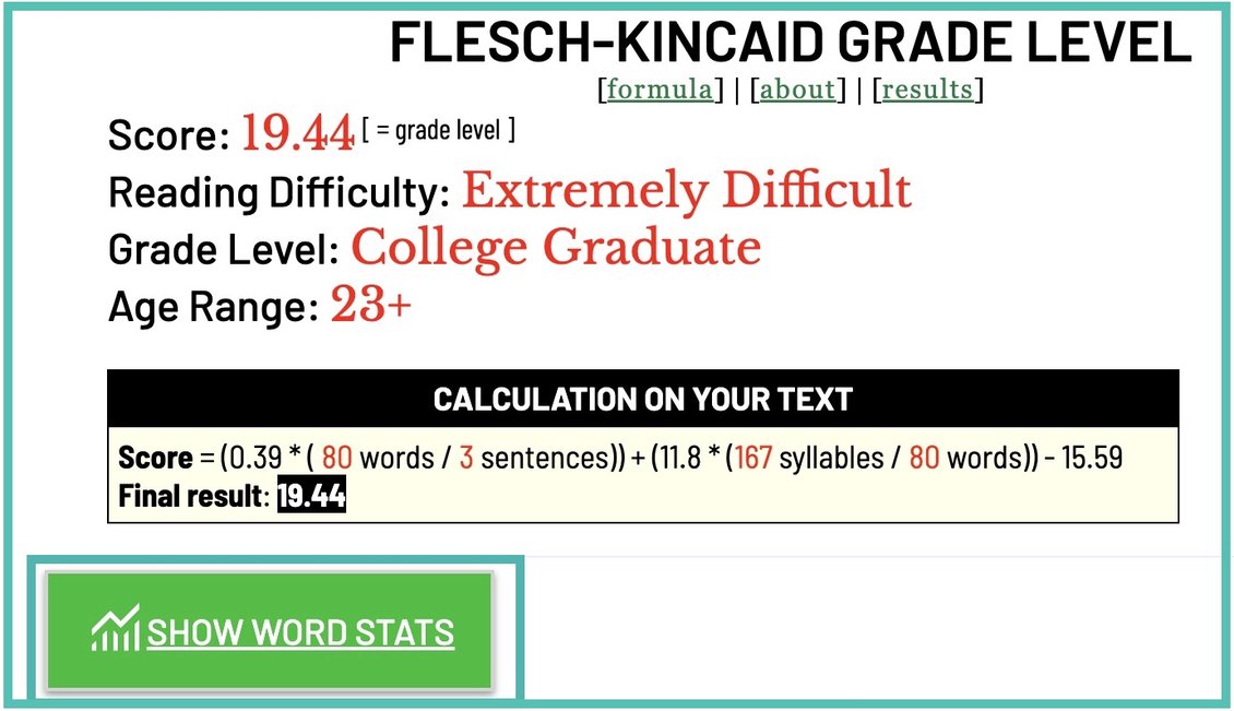 Flesch-Kincaid grade level result for a text that was marked as Extremely Difficult. The Show Word Stats button for advanced features is highlighted