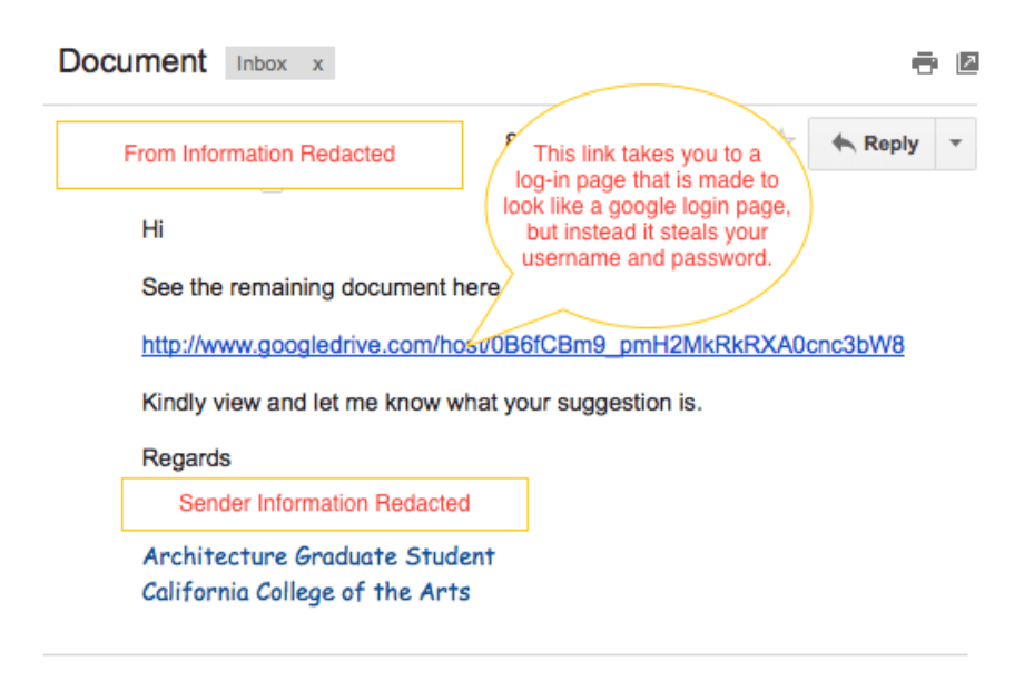 Sample phishing message from a fake Google Drive account.