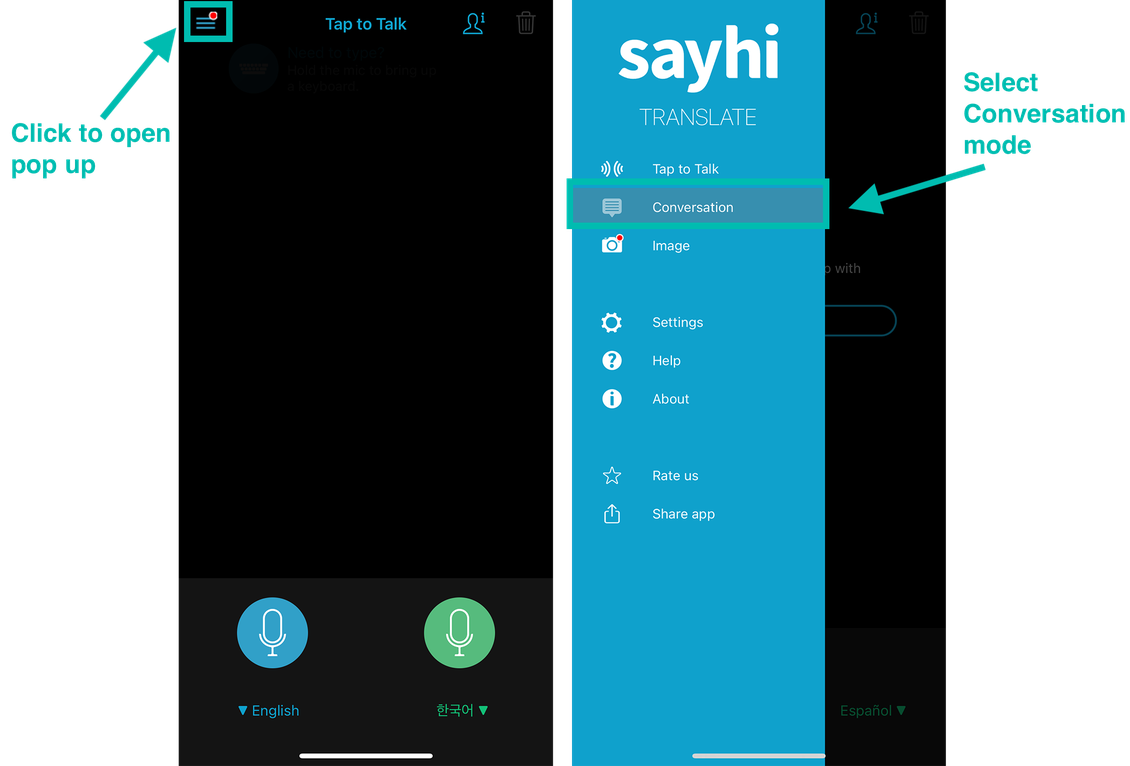 SayHi screenshot showing the 3 horizontal lines and pop up window allowing you to switch to conversation mode