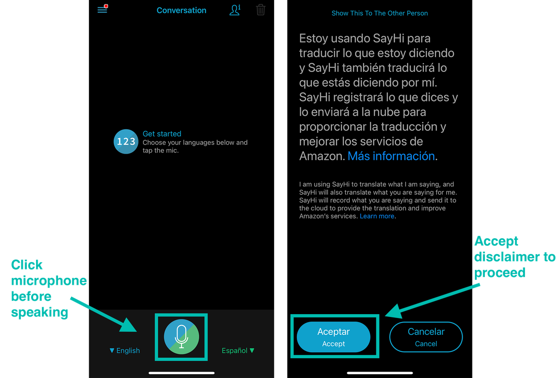 SayHi screenshot showing the microphone button to trigger auto-translation and an example of the disclaimer screen