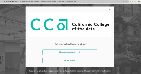 CCA WiFi login screen