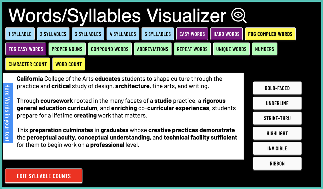 Image of Readability Formula's Words/Syllables Visualizer with challenging words bolded